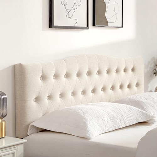 Tufted Headboard Full Size, Solid Wood Adjustable Height Head Board, Beige