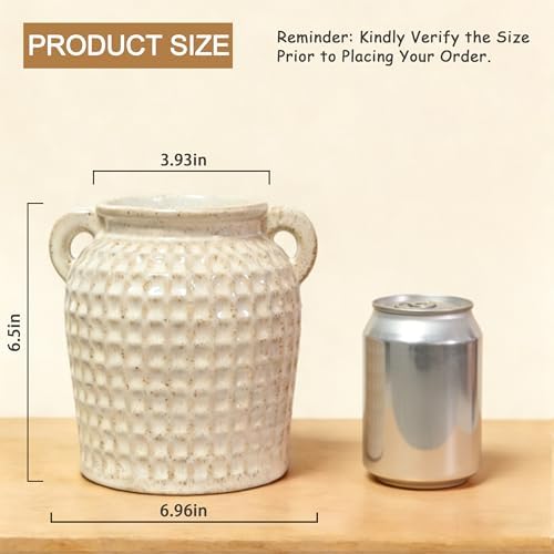 White Ceramic Utensil Holder with Handle, 6.5" Rustic Countertop Crock