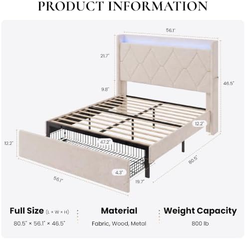 SHA CERLIN Full Size Bed Frame with Storage Drawer & LED Lights, Beige