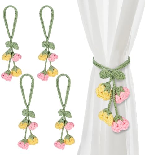 Flower Curtain Tiebacks, 4pcs Lily-of-The-Valley Curtains Holdbacks, Cute Curtain Holdbacks - No Drill Rope Holder, Drape Knitting Handmade for Nursery&Children's Room Decor (Pinkish/Yellow)