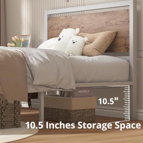 Queen Metal Bed Frame with Industrial Headboard, White Brown