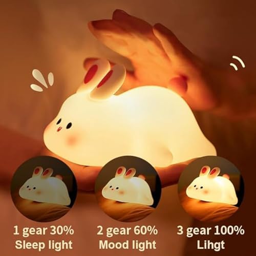 Cute Big Face Bunny Night Light Silicone, Bunny Decor Atmosphere Night Lamp for Kids Room, Baby Nursing Bedside Touch Lamp, Rechargeable and Dimmable,Cute Baby Night Light.