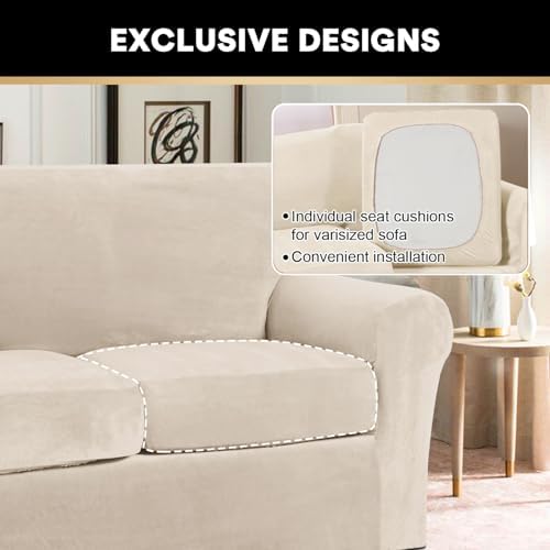 PrinceDeco Velvet Plush Couch Cover Stretch 2 Piece Chair Cover Chair Slipcover Washable Furniture Protector Couch Soft with Elastic Bottom Armchair Cover Width Up to 49 Inch(Small, Ivory)