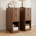 Narrow Walnut Nightstand Set of 2, Small Bedside Table, Wood Nightstand with Arched Drawer, Side End Table, Mid Century Modern Night Stand, Bedroom, Small Spaces, Slim