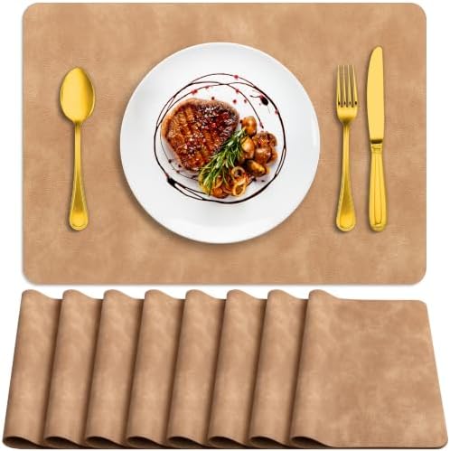 ADRIMER Fall Placemats Set of 8, Heat Resistant Faux Leather, Camel