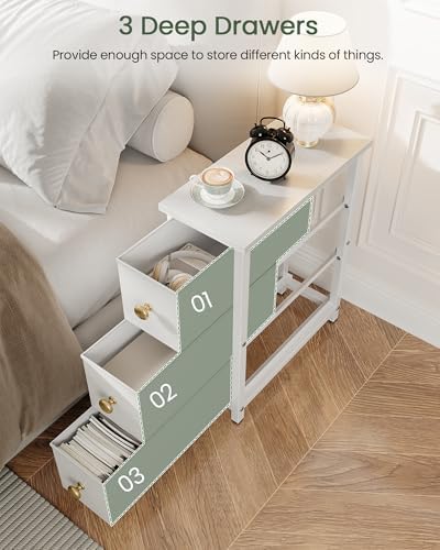 CHOEZON Narrow Side Table with 3 Fabric Drawers, Industrial Slim Bedside Table for Small Spaces, Bedroom, Living Room, Dormitory, White TBZ09WB