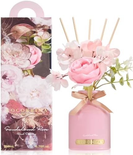 COCORRÍNA Flower Reed Diffuser Set, 6.7oz Sandalwood Rose Scented Oil Diffuser with Sticks, Long Lasting Home Fragrance for Bathroom, Bedroom, Living Room & Shelf Decor