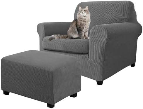3 Piece Stretch Matching Chair and Ottoman Slipcover Set, Jacquard Arm Chair/Ottoman/Fitted Seat Covers, Non-Slip Accent Armchair and Foot Stool Slip Cover (Gray,3 Pieces Set)
