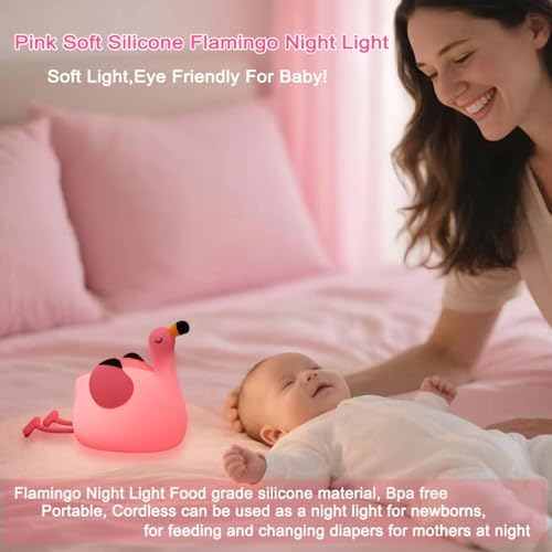 Flamingo Night Light for Kids, Pink Silicone Squishy Dimmable Nursery Lamp