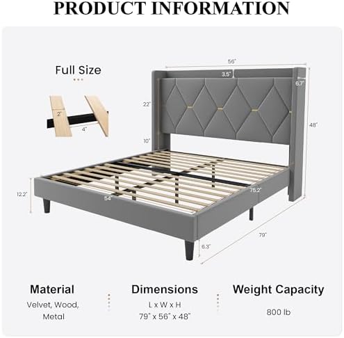 SHA CERLIN Full Size Bed Frame with Storage Headboard & Charging Station