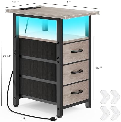 Vagusicc Nightstand with Charging Station and LED Lights, Narrow End Table, LED Night Stand with 3 Fabric Drawers for Bedroom, Small Side Table for Small Spaces, Greige