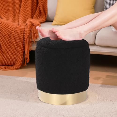 Round Ottoman with Storage Set of 2, Black Sherpa Vanity Stool