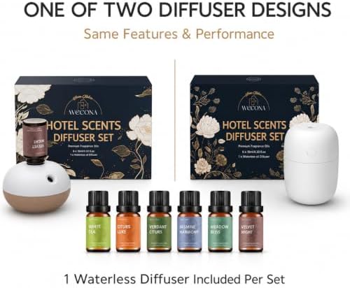 Waterless Rechargeable Waterless Diffuser – Hotel Collection Diffuser Set with 6 Hotel Essential Oils – Two Intensity Modes – Home & Office Fragrance Machine