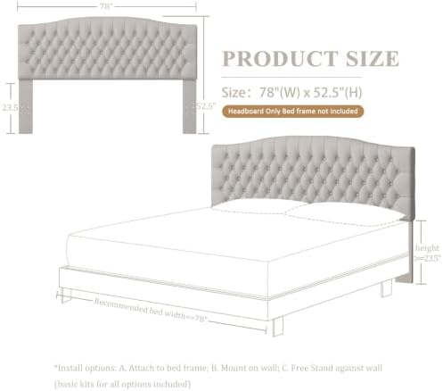Furpopup Velvet King Size Headboard Only, Upholstered Wall Mount Light Gray