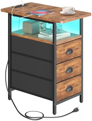 sthmec End Table with Charging Station,LED Side Tables with USB Ports and Outlets,Narrow Nightstands Bedside Tables with 3 Fabric Drawers for Small Space,Slim Sofa Table for Livingroom, Rustic Brown