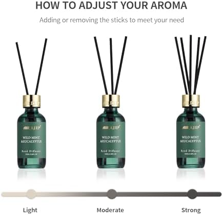 Airkeep Reed Diffuser Set, 3.38 fl oz (100 ml) - Wild Mint&Eucalyptus Oil Diffusers with 8 Reed Sticks, Home Fragrance Reed Diffuser for Bathroom Shelf Decor