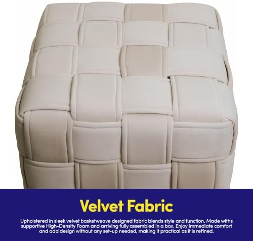 Sweet Home Collection Square Velvet Basketweave Pouf Ottoman, 17" x 17" x 17" – Rigid EPS Foam Filled Footrest, Ottoman & Accent Chair for Living Room, Bedroom & Nursery, Sand Beige