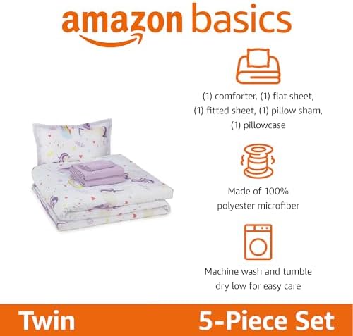 Amazon Basics 5-Piece Soft, Easy-Wash Microfiber Kid's Bed-in-a-Bag Bedding Set with Sheet and Comforter, Twin, Unicorn Print