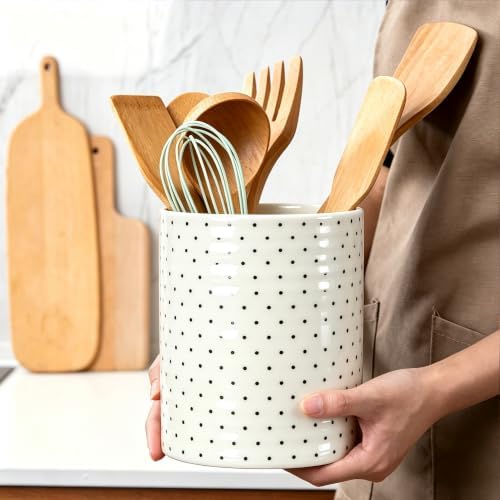 Kitchen Utensil Holder,7.2-inch Extra Large Ceramic Polka Dots Pattern Utensil Crock,Cooking Utensil Organizer for Kitchen Counter Decor,Storage Caddy Farmhouse Gift White