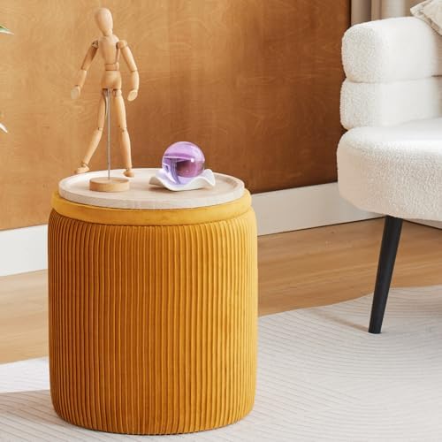 BLEXA Set of 2 Round Storage Ottoman, Yellow Velvet Stool with Storage