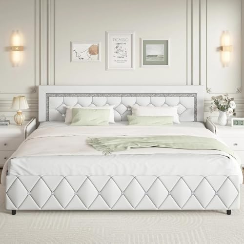 BarnFurin King Size Bed Frame with Headboard, Faux Leather Upholstered Bed