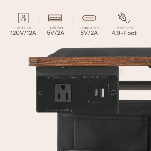 HOOBRO Side Table, Narrow End Table with Charging Station, Height Adjustable Side Table, Tiltable Surface, Storage Bag, Nightstand for Small Spaces, Living Room, Rustic Brown and Black BF435UBZ01