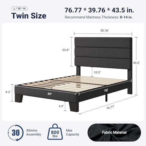 Allewie Twin Size Platform Bed Frame with Fabric Upholstered Headboard Gray