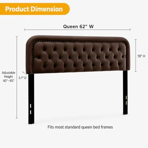 Tufted Upholstered Queen Size Headboard only - Button Solid Wood HeadBoards with Adjustable Height -Modern Velvet Padded Bed Headboard - Easy Assembly - Nailhead, Taupe Brown