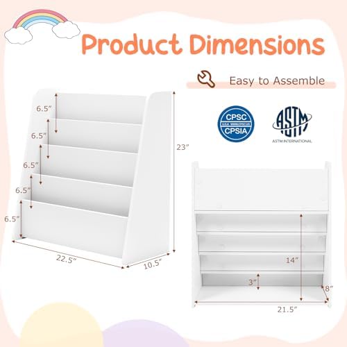 Costzon 4-Tier Kids Bookshelf, Front Facing Children Bookcase with Deep Compartments, Magazine Storage Rack for Kids Bedroom, Playroom, Nursery, Classroom, Kindergarten (White)