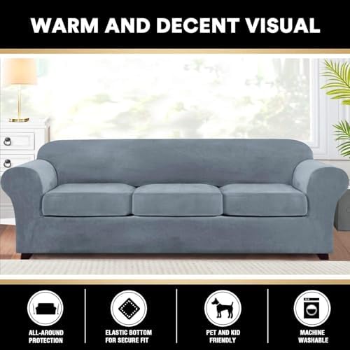 PrinceDeco Velvet Couch Covers for Sofa Soft 4 Pieces Covers for 3 Cushion Couch Sofa Pet Friendly Furniture Protector with Non Slip Elastic Bottom Width Up to 97 Inch (Large Sofas, Stone Blue)