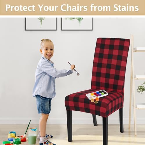 SearchI Christmas Chair Covers Set of 4, Stretch Xmas Kitchen Chair Cover Removable Washable Holiday Parsons Chair Slipcovers for Dining Room, Christmas Decoration, Ceremony (Black/Red Plaid)