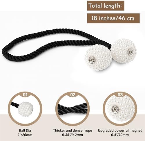 Hion Magnetic Curtain Tiebacks Black 6pcs, Curtain Holdbacks Hooks Holders
