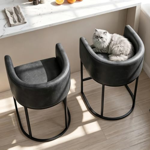 26" H Counter Height Bar Stools Set of 4, Modern Barrel Counter Stools with Backrest and Arms, Faux Leather Upholstered Accent Barstools for Kitchen Island,Support 450 LBS (Black)