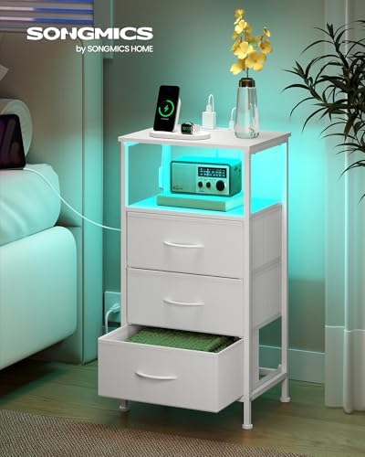 SONGMICS Nightstand with Charging Station, 3 Fabric Drawers