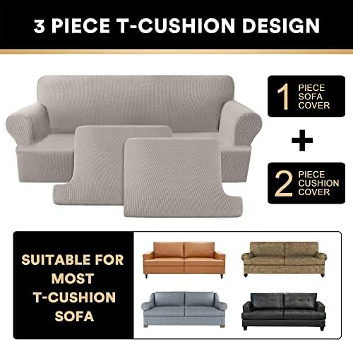 PrinceDeco T Cushion Loveseat Slipcover 3 Pieces Sofa Covers for T Cushion Sofa Stretch Slip Covers for 2 Cushion Couch with 2 Individual T Shape Seat Covers Width Up to 76" -Washable, Taupe