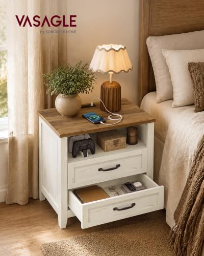 VASAGLE Farmhouse Nightstand with Charging Station, 2 Drawers, Open Shelf