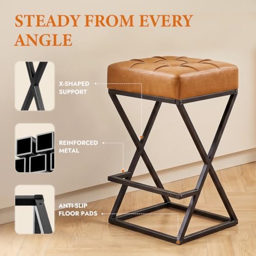 Bar Stools Set of 4, 26 Inch Counter Height Stool Faux Leather Brown