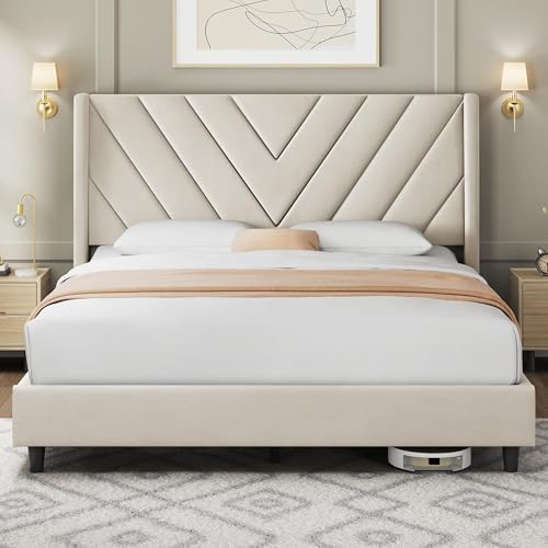 Yaheetech Queen Bed Frame with Chevron Channel-Tufted Headboard, Beige