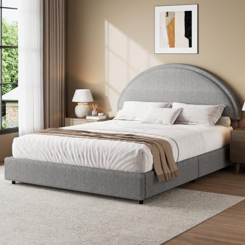 REVOMINCA Full Size Bed Frame, Upholstered Platform Bed with Headboard, Boucle Bed Frame with Round Corner, No Box Spring Required, Easy Assembly, Grey