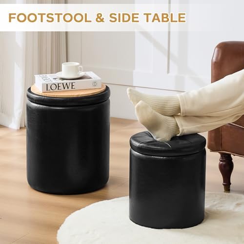 Leather Storage Ottoman Round, Living Room Stylish Foot Stool with Storage