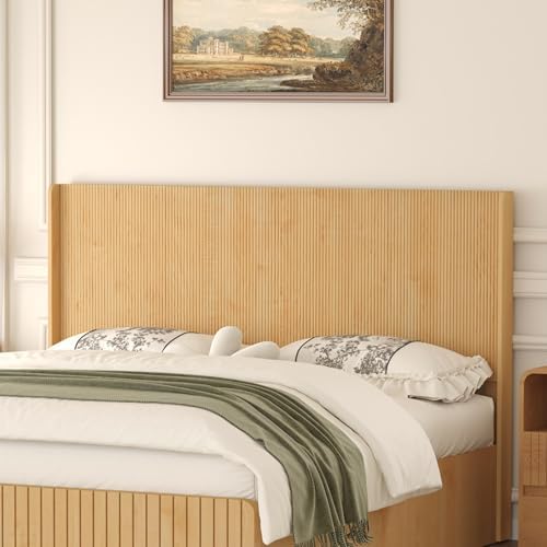 Queen Size Headboard Only, Boho Wood Head Board, Modern Fluted Wall-Mounted Bed Headboards for Bedroom, Height Adjustable, Wingback Design, Natural