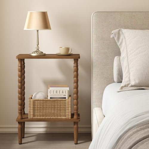 TUTOTAK Narrow Side Table with Solid Wood Legs, 2-Tier Small End Table