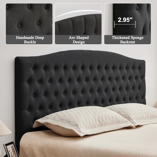 Tufted Linen King Headboard, Button Diamond Design Headboards, Black