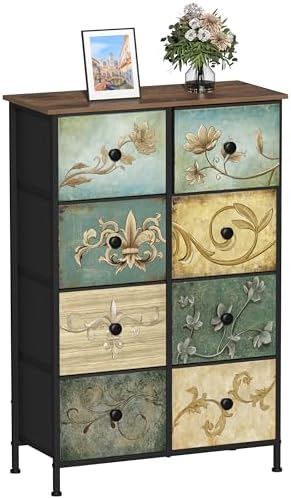 Tohomeor Narrow Storage Dresser Slim Dresser with Retro Flowers Fabric Drawers Vertical Skinny Cabinet for Small Spaces,Bathroom,Bedroom Closet Nightstand,Entryway Organizer (Retro Flower, 8 Drawers)