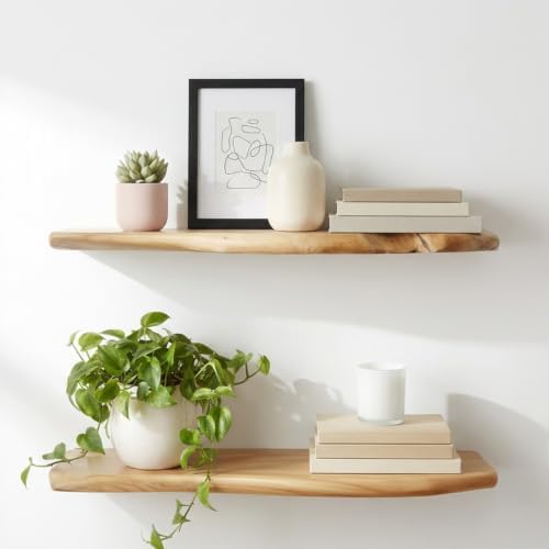 WELLAND 24" Cedar Floating Shelves, Set of 2, Live Edge Wall Shelves
