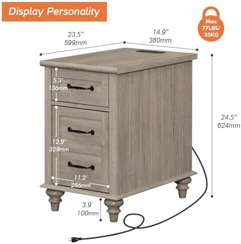 WAMPAT End Table with Charging Station, Grey Side Table with Storage Cabinet & Drawer, Wooden Nightstand with Power Outlets & Type-C USB Ports for Bedroom, Living Room