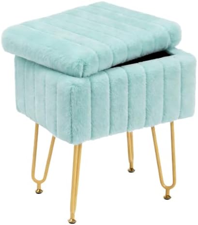 DUMOS Vanity Stool Chair, Ottoman with Storage, Makeup Cute Soft Small Footstool, Modern Style Faux Fur Seat with 4 Metal Legs & Adjustable Feet for Dressing, Living Room, Bedroom, Dorm, Sage