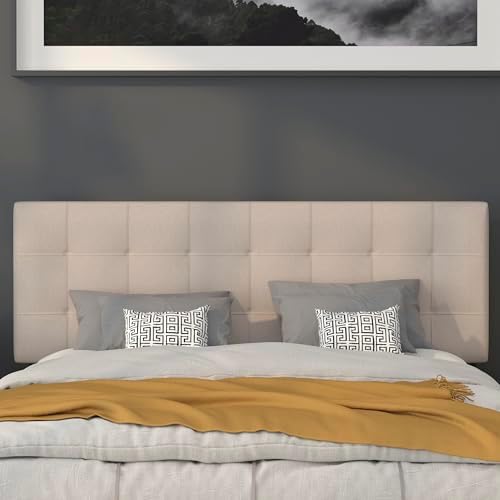 BizChair Quilted Tufted Upholstered Queen Size Headboard in Beige Fabric