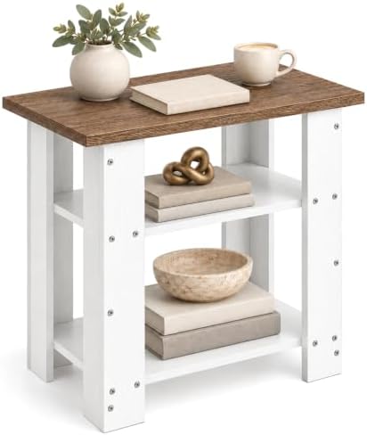 White Side Table with Oak Top, 3 Tier Farmhouse End Table, 22.8" H