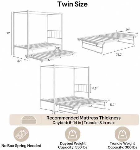 LIKIMIO Twin Daybed with Trundle, Canopy Bed with Pop Up Trundle, White